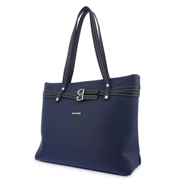 Bolso Tote mujer en lona y piel vacuno color azul-Angula