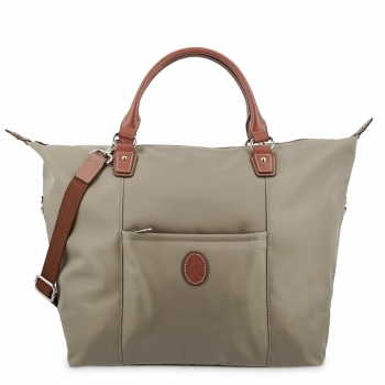 Bolso Tote mujer en lona y piel vacuno color taupe-cuero-Paris