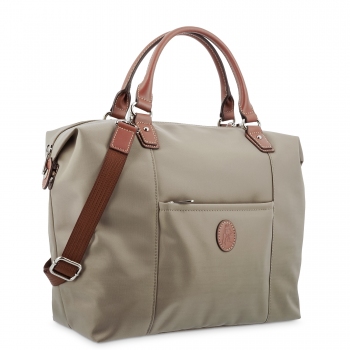 Bolso Tote mujer en lona y piel vacuno color taupe-cuero-Paris