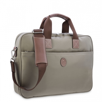 Carpeta bolso unisex en lona taupe y piel vacuno color cuero-Paris