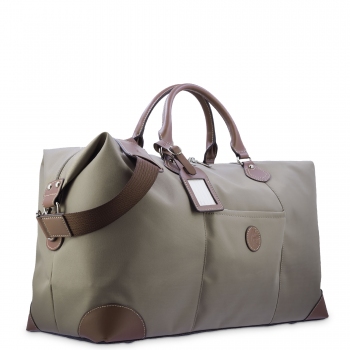 Bolso de viaje unisex  en lona taupe y piel vacuno color cuero-Paris