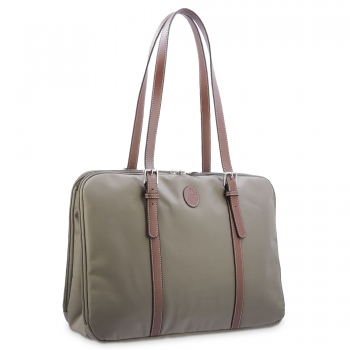 Bolso carpeta  en lona taupe y piel vacuno color cuero-Paris