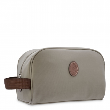 Bolsa de aseo unisex  en lona taupe y piel vacuno color cuero-Paris