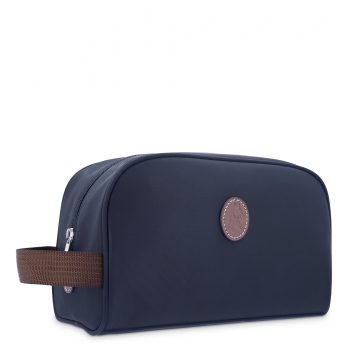 Bolsa de aseo unisex  en lona azul y piel vacuno color cuero-Paris