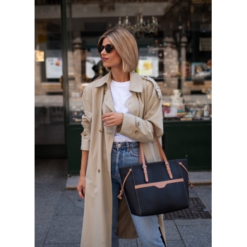 Bolso Shopping mujer en lona y piel vacuno color negro - Base