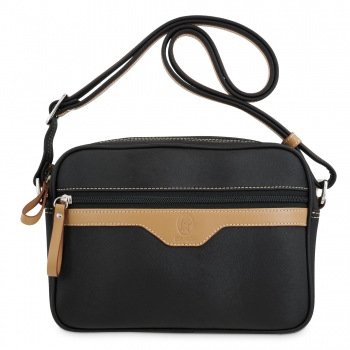 Bolso bandolera cremalleras mujer en lona y piel vacuno color negro - Base