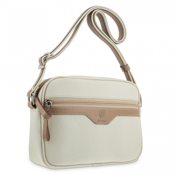 Bolso bandolera cremalleras mujer en lona y piel vacuno color beige - Base