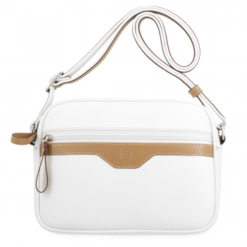 Bolso bandolera cremalleras mujer en lona y piel vacuno color blanco- Base