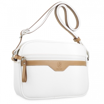 Bolso bandolera cremalleras mujer en lona y piel vacuno color blanco- Base