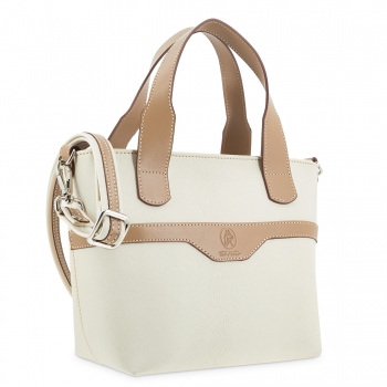 Bolso cesta pequeño de mujer en lona y piel vacuno color beige- Base