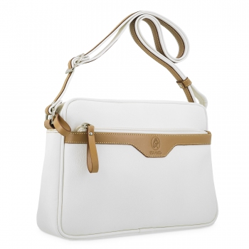 Bolso Bandolera 3 cremalleras mujer en lona y piel vacuno color blanco- Base