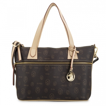 Bolso cesta mediano de mujer en lona y piel vacuno color marrón - E L P O T R O