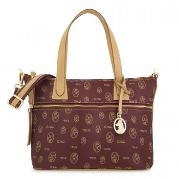 Bolso cesta mediano de mujer en lona y piel vacuno color burdeos - E L P O T R O