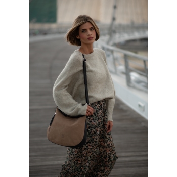 Bolso Hobo mujer en piel vacuno color topo/negro-Natural