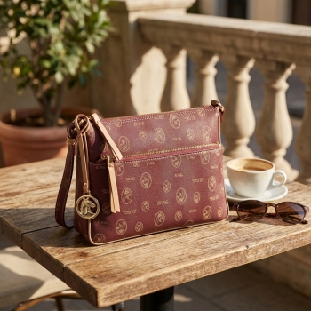 Bolso bandolera pequeño mujer en lona y piel vacuno color burdeos - Vintage