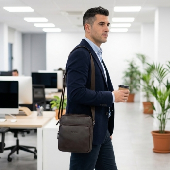 Bolso pequeño de bandolera de hombre en piel vacuno color marrón - Box