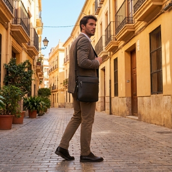 Bolso Bandolera con solapa hombre en piel vacuno color negro - Box