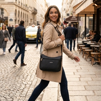 Bolso Bandolera mujer en lona y piel vacuno color negro-Angula