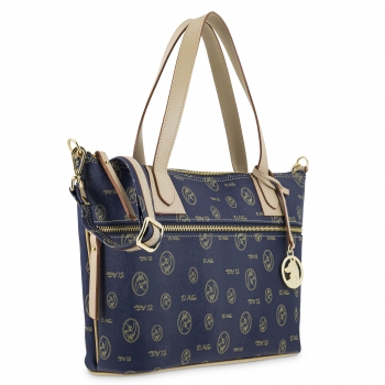 Bolso cesta mediano de mujer en lona y piel vacuno color azul - E L P O T R O