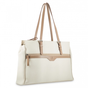 Bolso carpeta de mujer en lona y piel vacuno color beige - Base