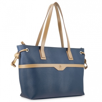 Bolso cesta de mujer en lona y piel vacuno color azul- El Potro