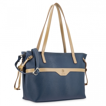 Bolso cesta bandolera de mujer en lona y piel vacuno color azul- El Potro